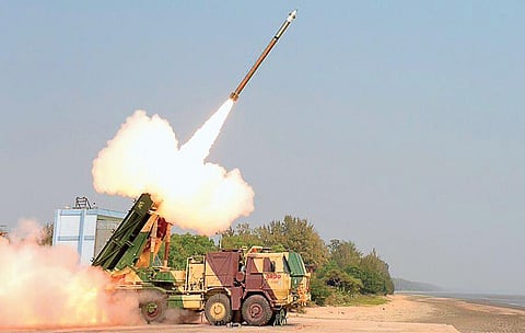 Pinaka guided missile being test fired. (Photo | EPS)