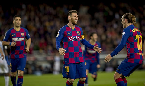 Barcelona's Lionel Messi celebrates after scoring a goal. (Photo | AP)