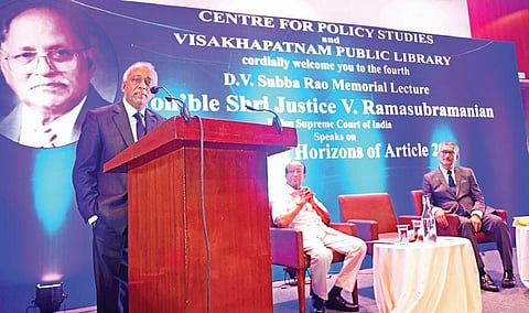 Supreme Court judge Justice V Ramasubramaniam delivering DV Subba Rao memorial lecture in Visakhapatnam on Saturday. (Photo | EPS)