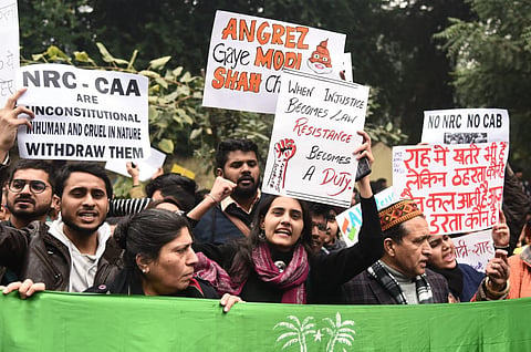 Students protesting against the CAA at Jantar mantar area in New Delhi.