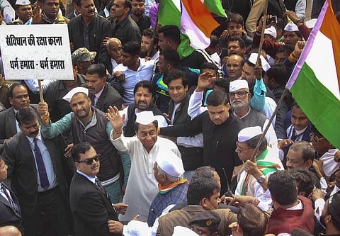 Madhya Pradesh Chief Minister Kamal Nath leads Congress party's the 'Samvidhan Bachao Nyay Shanti Yatra' organised in protest against the Citizenship Amendment Act CAA and National Register of Citizenship NRC in Bhopal Wednesday. (Photo | PTI)
