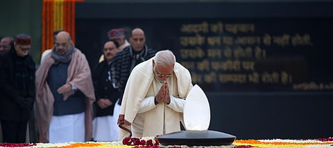 Prime Minister Narendra Modi pays homage to former Prime Minister, Atal Bihari Vajpayee on his 95th birth anniversary, in New Delhi on Wednesday. (Photo | Shekhar Yadav/EPS)