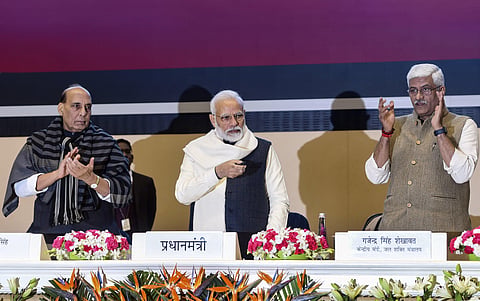 Prime Minister Narendra Modi launches the Atal Bhujal Yojana a mission to help in supplying water to every house-hold by 2024 at a function in New Delhi Wednesday Dec. 25 2019. (Photo | PTI)