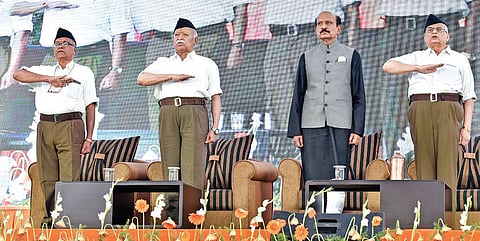 RSS chief Mohan Bhagwat on the second day of ‘Vijaya Sankalpa Sibiram’ in Hyderabad on Wednesday. (Photo | Vinay Madapu/EPS)