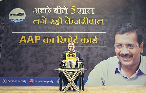 Chief Minister Arvind Kejriwal addresses the town hall event at the Constitution Club in New Delhi on Thursday. (Photo | EPS)