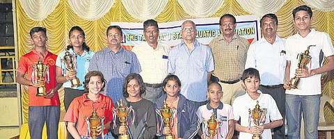 Winners of the state swimming championship in Chennai on Saturday