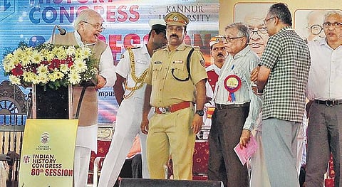 Historian Irfan Habeeb, third right, argues with Kerala Governor Arif Mohammed Khan, left, at the inauguration of the 80th Indian History Congress at the Kannur University on Saturday. (Photo | EPS)