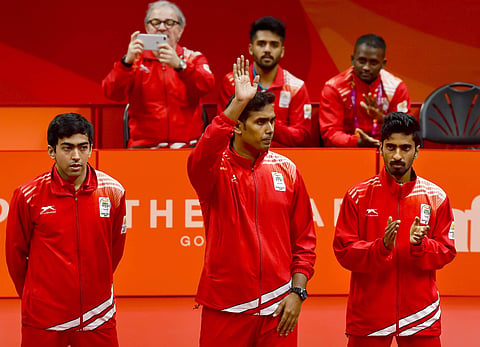 Indian paddlers Sharath Kamal, Sathiyan Gnanasekaran and Harmeet Desai (File photo | PTI)