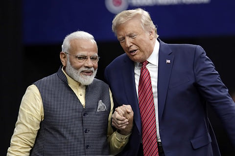 President Donald Trump shakes hands with Indian Prime Minister Narendra Modi during the 'Howdy Modi: Shared Dreams, Bright Futures' event at NRG Stadium, Sunday, Sept. 22, 2019, in Houston. | (Photo | AP)