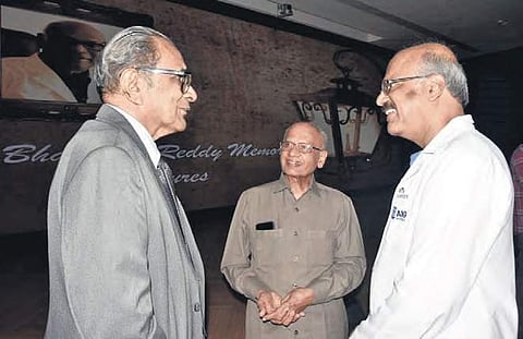 AIG Hospitals chairman Dr Nageshwar Reddy interacting with Prof MS Valiathan and Prof VI Mathan during the Dr D Bhaskara Reddy Memorial Lecture, in Hyderabad on Tuesday | Vinay Madapu
