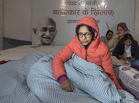 Delhi Commission for Women DCW chairperson Swati Maliwal on the third day of her hunger strike. (Photo | PTI)