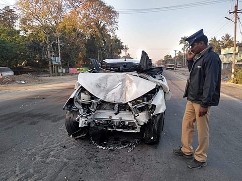 Rajendran's car was badly damaged in the accident. (Photo| EPS)