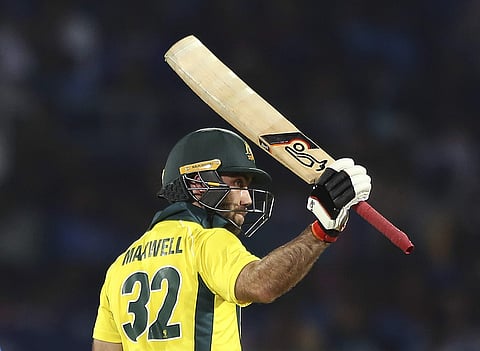 Australia's Glenn Maxwell celebrates after his fifty runs during the first Twenty20 international cricket match between India and Australia