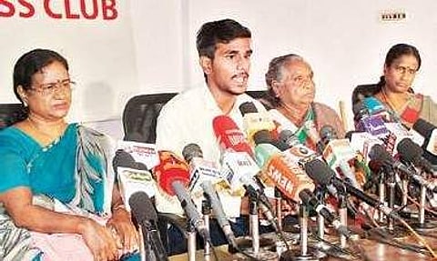 Kaduvetti Guru’s family addressing the media in Chennai on Sunday. | Express