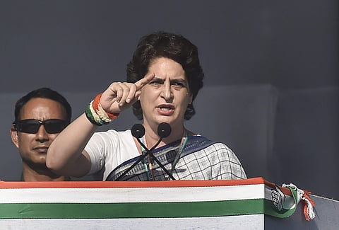 Congress General Secretary Priyanka Gandhi Vadra addresses during Jan Sankalp Rally in Gandhinagar Tuesday March 12 2019. | PTI