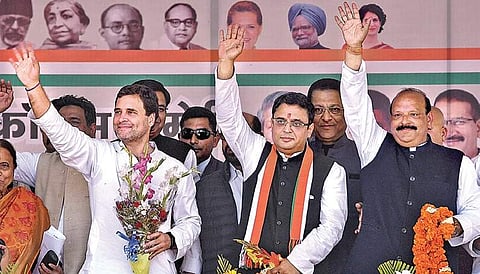 Congress chief Rahul Gandhi and Manish Khanduri, son of BJP leader BC Khanduri, who joined the Congress in Dehradun | PTI