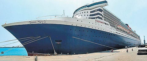 MV Queen Mary 2, the largest transatlantic ocean liner ever built with a gross tonnage of 148,528 GT, at the Chennai Port on Monday | Express