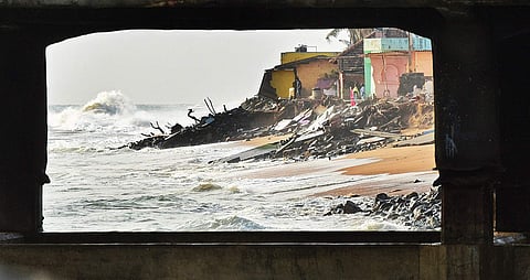 Strong sea erosion at Valiyathura coastal region near the pier destroying the constructions on Tuesday B P Deepu