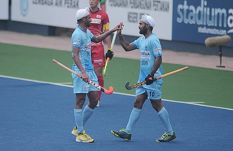 Simranjeet Singh scored a diving field goal. (Photo | Twitter/@TheHockeyIndia)