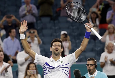 Novak Djokovic, of Serbia, celebrates after his match against Federico Delbonis, of Argentina, during the Miami Open tennis tournament, Sunday, March 24, 2019, in Miami Gardens, Fla. Djokovic won 7-5, 4-6, 6-1. (Photo | AP)