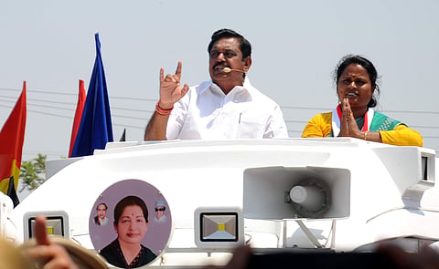 AIADMK joint coordinator and chief minister Edappadi K Palaniswami during the election campaign along with the candidate Maragatham Kumaravel at Kanchipuram. (Express)