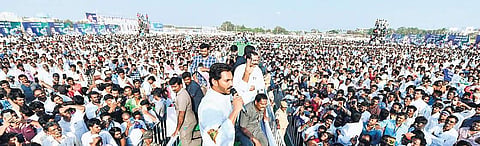 YSRC Chief YS Jagan Mohan Reddy speaking at Samara Sankaravam at SVGS Grounds in Nellore on Tuesday | Express
