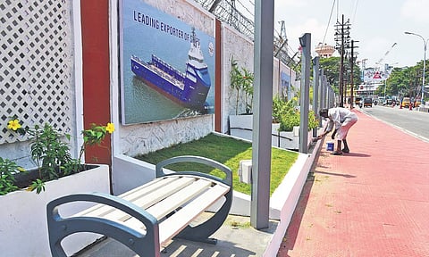 A worker giving final touches to the beautification work at Cochin Shipyard which is set to be opened to the public on Thursday (Photo | Albin Mathew/EPS)