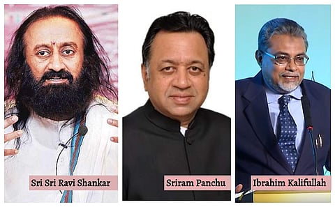 Images of Sri Sri Ravi Shankar, senior advocate Sriram Panchu and Justice FM Kaliifullah, who have been appointed ty the Supreme Court as mediators in Ayodhya dispute. (Photo | Youtube screen grabs)