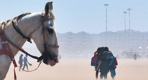 People take cover from a mild dust storm, at Marina Beach (File Photo | P Jawahar/EPS)