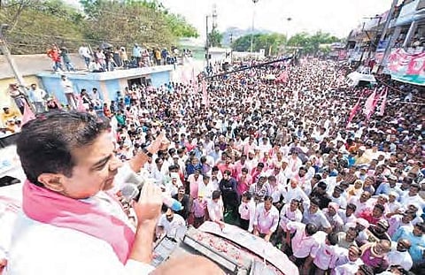 TRS working president KT Rama Rao at a roadshow in Nalgonda on Tuesday | Express