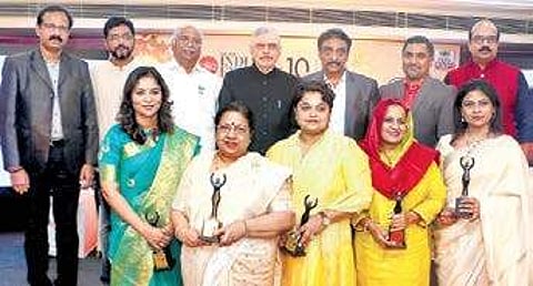 From left to right (back row): TNIE assistant general manager M Chandrasekharan, resident editor Kiran Prakash, Gokulam Group of Companies chairman Gokulam Gopalan, Governor P Sathasivam, TNIE senior vice-president Vignesh Kumar, Faizal & Shabana Foundati