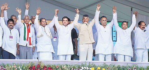 AICC president Rahul Gandhi along with AP Chief Minister N Chandrababu Naidu and other leaders at an election meeting in Raichur on Friday | Express
