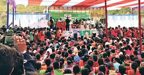 Sana Mahakud addressing an election meeting at Kandra in Champua | Express