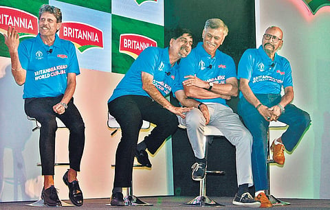 (From left) Former India players Kapil Dev, Krishnamachari Srikkanth, Roger Binny and Syed Kirmani during a promotional event in Bengaluru on Tuesday. (Photo | Shriram BN, EPS)