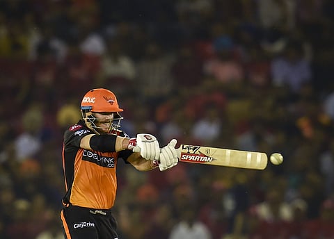 SRH batsman David Warner plays a shot against Kings XI Punjab KXIP during the Indian Premier League 2019 IPL T20 cricket match at I S Bindra Stadium in Mohali. (Photo | PTI)