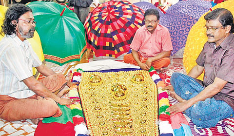 Jose, Johnson and Davis of Kuthokkaran family at the workshop of Thiruvambady Devaswom in Thrissur | Express