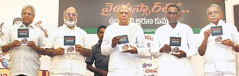 (From left to right) Ex-MP Undavali Arun Kumar, EMESCO publisher Vijay Kumar, former AP CM K Rosaiah, Justice Jasti Chalameshwar and ex- MP KVP Ramchandra Rao during the book-release event in Hyderabad on Tuesday | S Senbagapandiyan