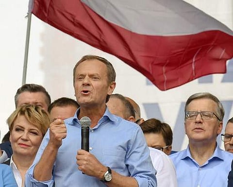 European Union Council President Donald Tusk leads a march celebrating Poland's 15 years in the EU and stressing the nation's attachment to the 28-member bloc ahead of the May 26 elections to the European Parliament in Warsaw (Photo| AFP)