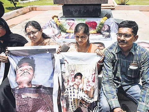 Families of Intermediate students who had committed suicide stage a silent protest at Dharna Chowk in Hyderbad (File Photo | Vinay Madapu/EPS)