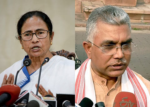 (L) Mamata Banerjee, (R) Dilip Ghosh (Photo| PTI)
