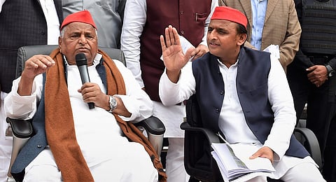 Samajwadi Party founder Mulayam Singh Yadav and party chief Akhilesh Yadav.