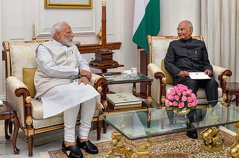 PM Narendra Modi with President Ram Nath Kovind at Rashtrapati Bhavan in New Delhi on 24 May 2019. The Prime Minister tendered his resignation along with the Union Council of Ministers. (Photo | PTI)