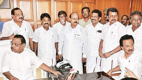 Newly elected DMK MLAs taking oath in the presence of Assembly Speaker P Dhanapal and party chief MK Stalin on Tuesday | D SAMPATHKUMAR