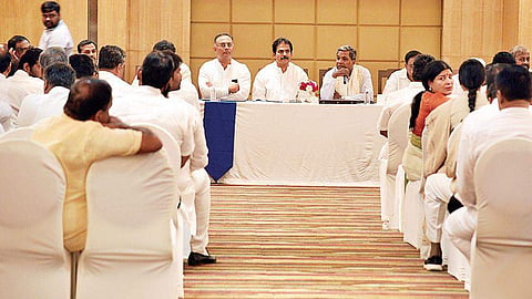 AICC general secretary K C Venugopal with other ministers at the CLP meet at Ashoka Hotel, in Bengaluru on Wednesday | nagaraja gadekal