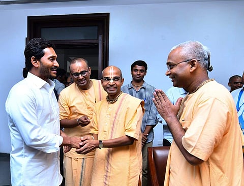 Andhra Pradesh CM YS Jagan Mohan Reddy held a review meeting with akshayapatra foundation and school education department at CM camp office near Vijayawada on Friday. | Express Photo Services
