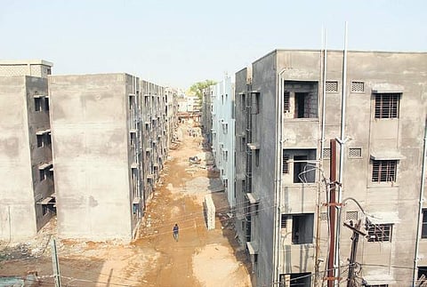 Construction of the double-bedroom houses underway in the Secunderabad Cantonment area. (Photo | Sathya Keerthi)