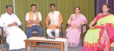 (From left) S Babaji Rajah Bhonsle, Yaduveer Wadiyar, Krishna Devaraya, Surya Prabha Gorpade, Rathna Krishnadevaraya Nagaraja Gadekal