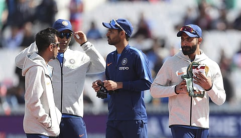 Indian cricket team players before the start of the Cricket World Cup match. (Photo | AP)