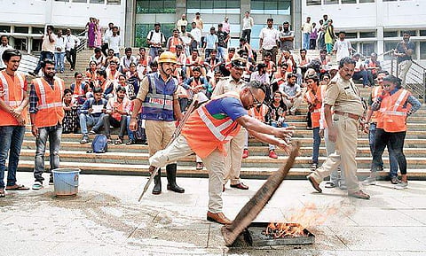 Demonstrations on the different kinds of fire extinguishers and ways to use them were held on campus by fire personnel Nagaraja Gadekal
