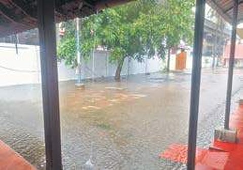 The waterlogged compound of SRV Government UP School; (above) The raised threshold in each room to prevent water from entering it